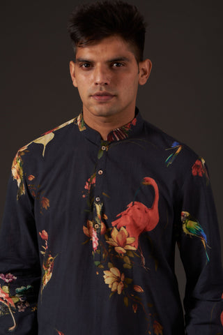 Balance By Rohit Bal-Black Floral Printed Kurta-INDIASPOPUP.COM