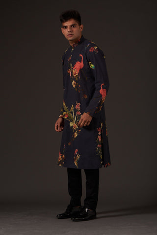 Balance By Rohit Bal-Black Floral Printed Kurta-INDIASPOPUP.COM