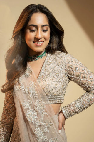 Ridhi Mehra-Maha Champagne Sari Skirt Set-INDIASPOPUP.COM
