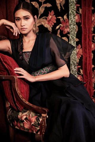 Ridhi Mehra - Navy Blue Ruffled Saree With Jacket - INDIASPOPUP.COM