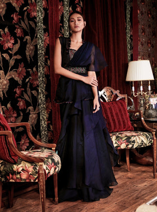 Ridhi Mehra - Navy Blue Ruffled Saree With Jacket - INDIASPOPUP.COM