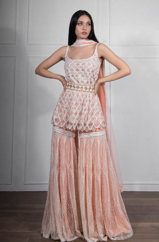 Ritika Mirchandani-Ivory Peach Embroidered Sharara Set-INDIASPOPUP.COM