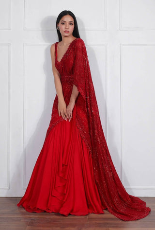 Ritika Mirchandani-Red Draped Lehenga Set-INDIASPOPUP.COM
