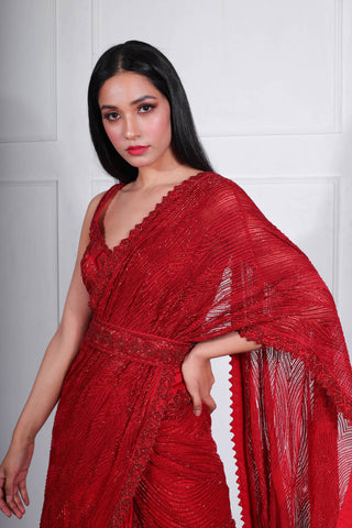 Ritika Mirchandani-Red Draped Lehenga Set-INDIASPOPUP.COM