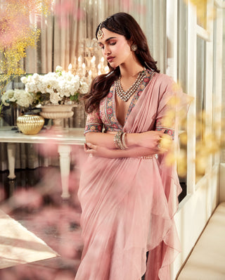 Ridhi Mehra-Cosmo Pink Embroidered Saree Set-INDIASPOPUP.COM