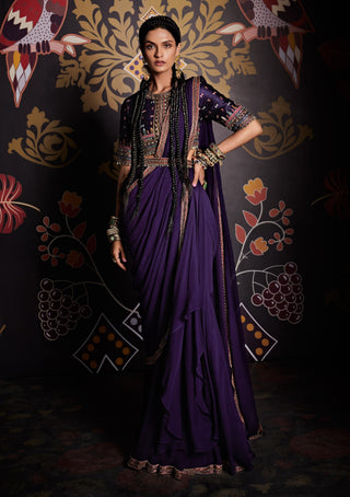 Ridhi Mehra-Basira Purple Draped Saree With Blouse And Belt-INDIASPOPUP.COM