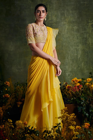 Ridhi Mehra-Primrose Yellow Draped Saree With Blouse-INDIASPOPUP.COM