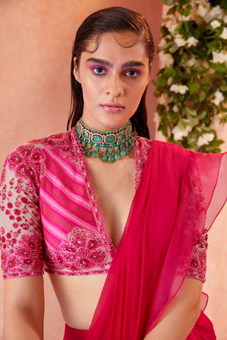 Fuschia Flann Saree And Blouse