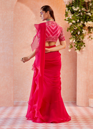 Fuschia Flann Saree And Blouse