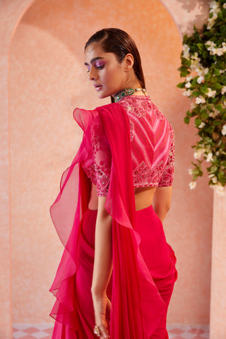 Fuschia Flann Saree And Blouse