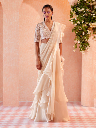 Ivory Arsema Ruffle Draped Saree And Blouse