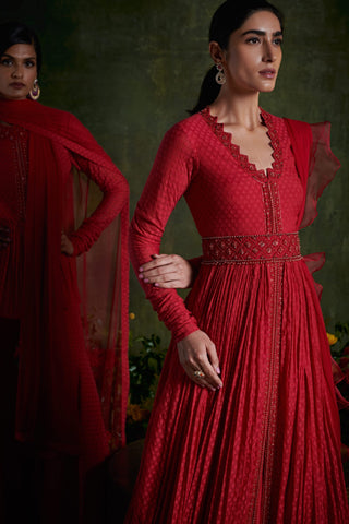 Ridhi Mehra-Hibiscus Red Embroidered Anarkali Set-INDIASPOPUP.COM