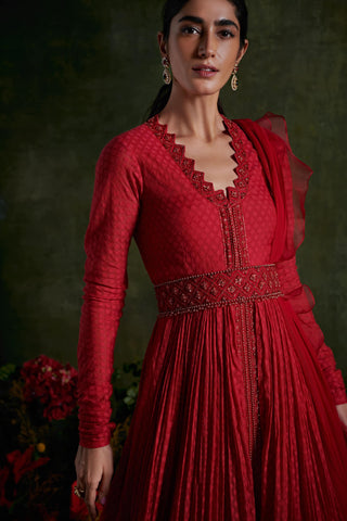 Ridhi Mehra-Hibiscus Red Embroidered Anarkali Set-INDIASPOPUP.COM