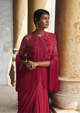 Ridhi Mehra-Ibaraat Fuchsia Embroidered Sari And Cape Set-INDIASPOPUP.COM