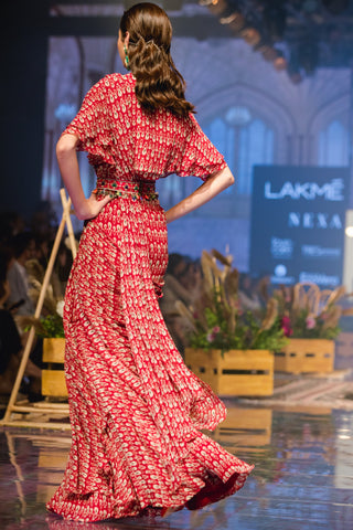 Ridhi Mehra-Red Saree Cape With Belt-INDIASPOPUP.COM