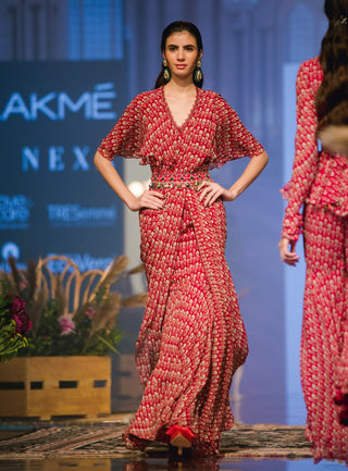Ridhi Mehra-Red Saree Cape With Belt-INDIASPOPUP.COM