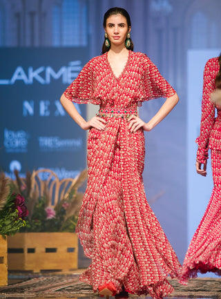 Ridhi Mehra-Red Saree Cape With Belt-INDIASPOPUP.COM