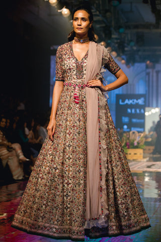 Ridhi Mehra - Champagne Embroidered Anarkali Set - INDIASPOPUP.COM