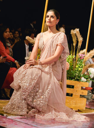 Ridhi Mehra - Champagne Embroidered Saree Set - INDIASPOPUP.COM