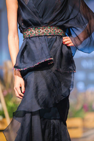 Ridhi Mehra - Navy Blue Ruffled Saree With Jacket - INDIASPOPUP.COM