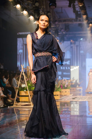 Ridhi Mehra - Navy Blue Ruffled Saree With Jacket - INDIASPOPUP.COM