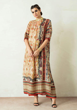 Rajdeep Ranawat-Beige Printed Kimono Tunic With Palazzo-INDIASPOPUP.COM