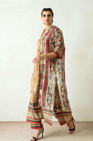 Rajdeep Ranawat-Beige Printed Kimono Tunic With Palazzo-INDIASPOPUP.COM