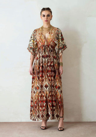 Rajdeep Ranawat-Beige Printed Kaftan Dress-INDIASPOPUP.COM