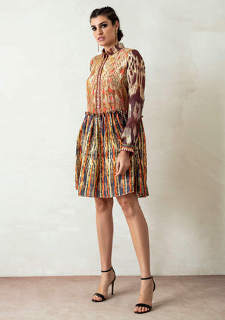 Rajdeep Ranawat-Beige Printed Frill Dress-INDIASPOPUP.COM