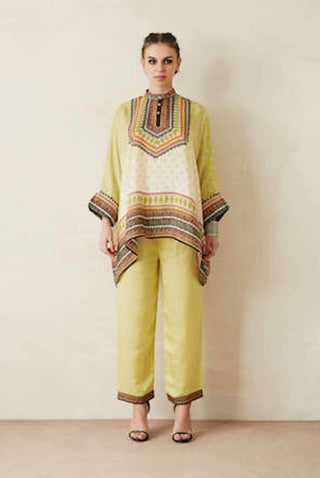 Rajdeep Ranawat-Lime Green Band Collared Tunic With Palazzo-INDIASPOPUP.COM