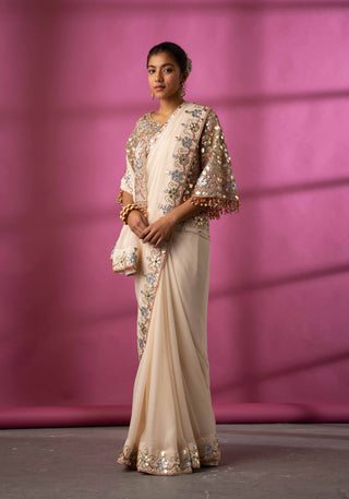 Rachit Khanna Turquoise-Ivory Georgette Saree Set-INDIASPOPUP.COM