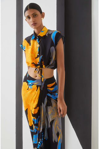 Studio Rigu-Black Starry Night Draped Skirt With Crop Top-INDIASPOPUP.COM