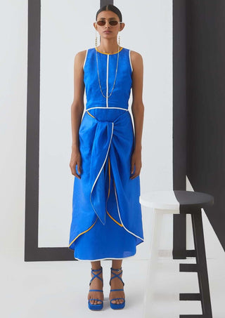 Studio Rigu-Blue Linen Front Knot Dress-INDIASPOPUP.COM