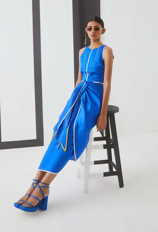 Studio Rigu-Blue Linen Front Knot Dress-INDIASPOPUP.COM