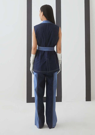 Studio Rigu-Blue Blazer Shirt With Belt And Trousers-INDIASPOPUP.COM