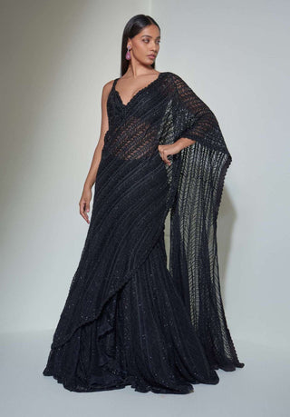 Ritika Mirchandani-Black Geometric Sari Lehenga Set-INDIASPOPUP.COM