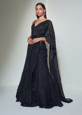 Ritika Mirchandani-Black Geometric Sari Lehenga Set-INDIASPOPUP.COM