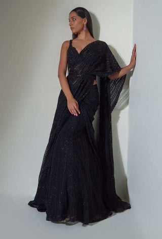 Ritika Mirchandani-Black Geometric Sari Lehenga Set-INDIASPOPUP.COM