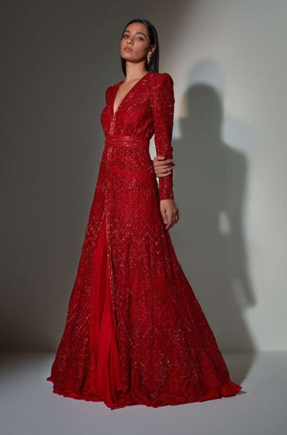 Ritika Mirchandani-Red Anarkali With Lehenga And Belt-INDIASPOPUP.COM