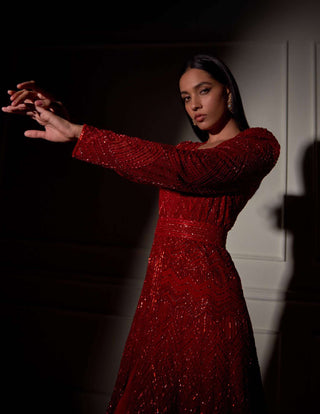 Ritika Mirchandani-Red Anarkali With Lehenga And Belt-INDIASPOPUP.COM