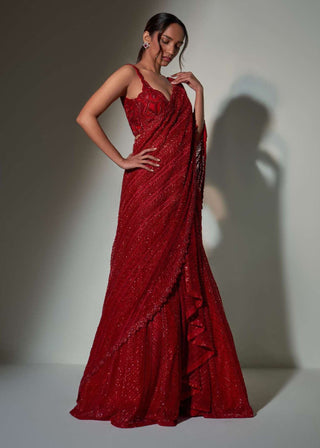 Ritika Mirchandani-Red Geometric Lehenga Sari Set-INDIASPOPUP.COM