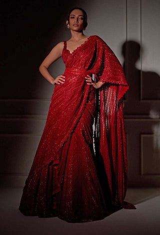 Ritika Mirchandani-Red Geometric Lehenga Sari Set-INDIASPOPUP.COM