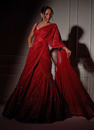 Ritika Mirchandani-Red Geometric Lehenga Sari Set-INDIASPOPUP.COM