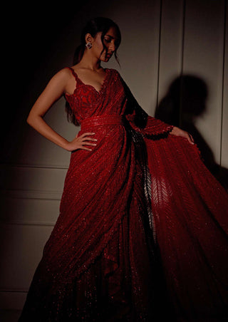 Ritika Mirchandani-Red Geometric Lehenga Sari Set-INDIASPOPUP.COM