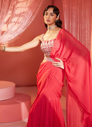 Sanya Gulati-Coral Red Pre-Stitched Saree Blouse And Belt-INDIASPOPUP.COM