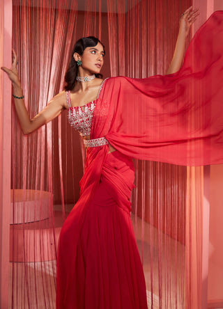 Sanya Gulati-Coral Red Pre-Stitched Saree Blouse And Belt-INDIASPOPUP.COM