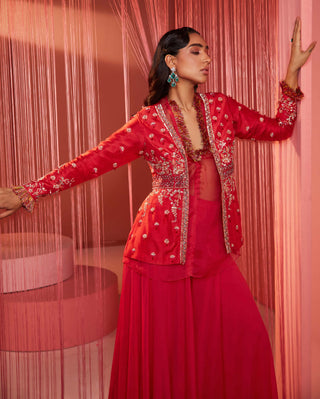 Sanya Gulati-Coral Red Peplum Jacket With Palazzo-INDIASPOPUP.COM