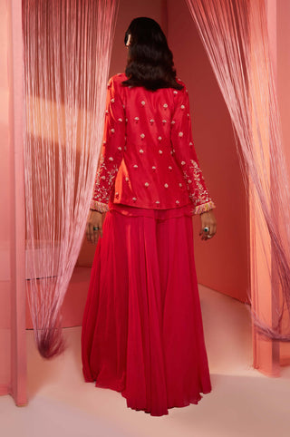 Sanya Gulati-Coral Red Peplum Jacket With Palazzo-INDIASPOPUP.COM