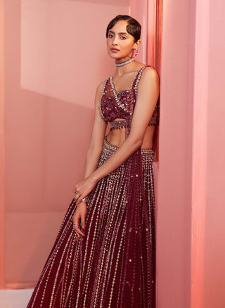 Sanya Gulati-Plum Embroidered Lehenga And Blouse With Double Dupatta-INDIASPOPUP.COM