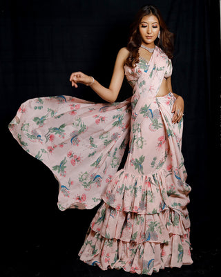 Archana Kochhar-Pink Georgette Ruffle Saree Set-INDIASPOPUP.COM